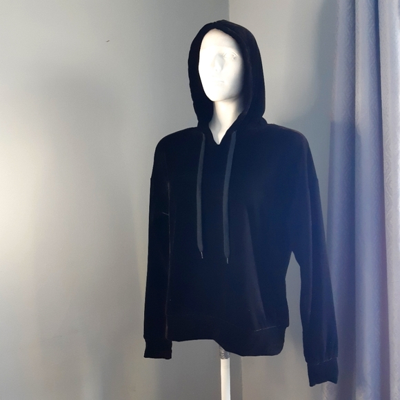 ICHI black velour drawstring hooded pullover super soft sweatshirt size medium - Picture 5 of 11
